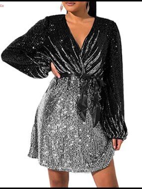Plus Size Sequin Long Sleeve V Neck Wrap Skater Cocktail Party Dress